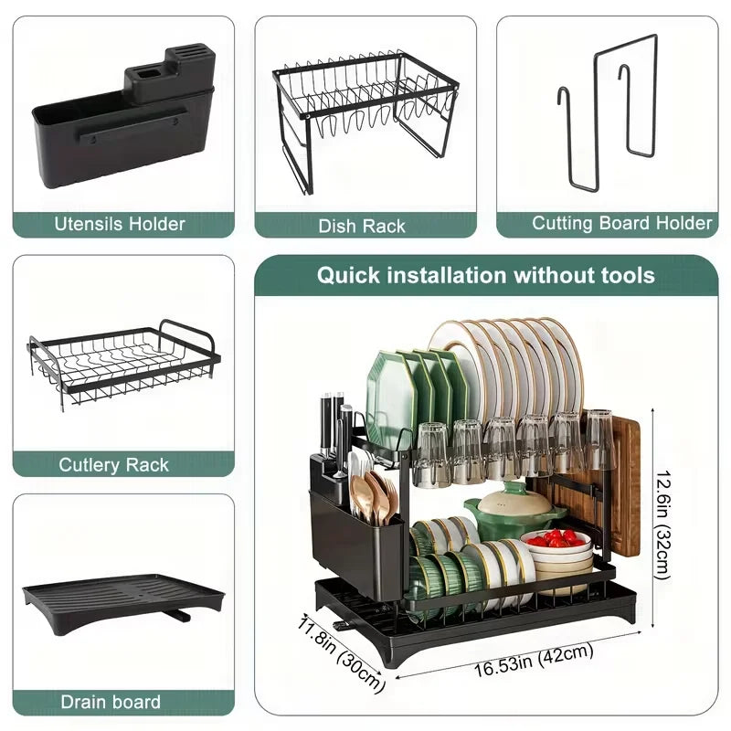 2-Tier Dish Drying Rack with Drain Tray