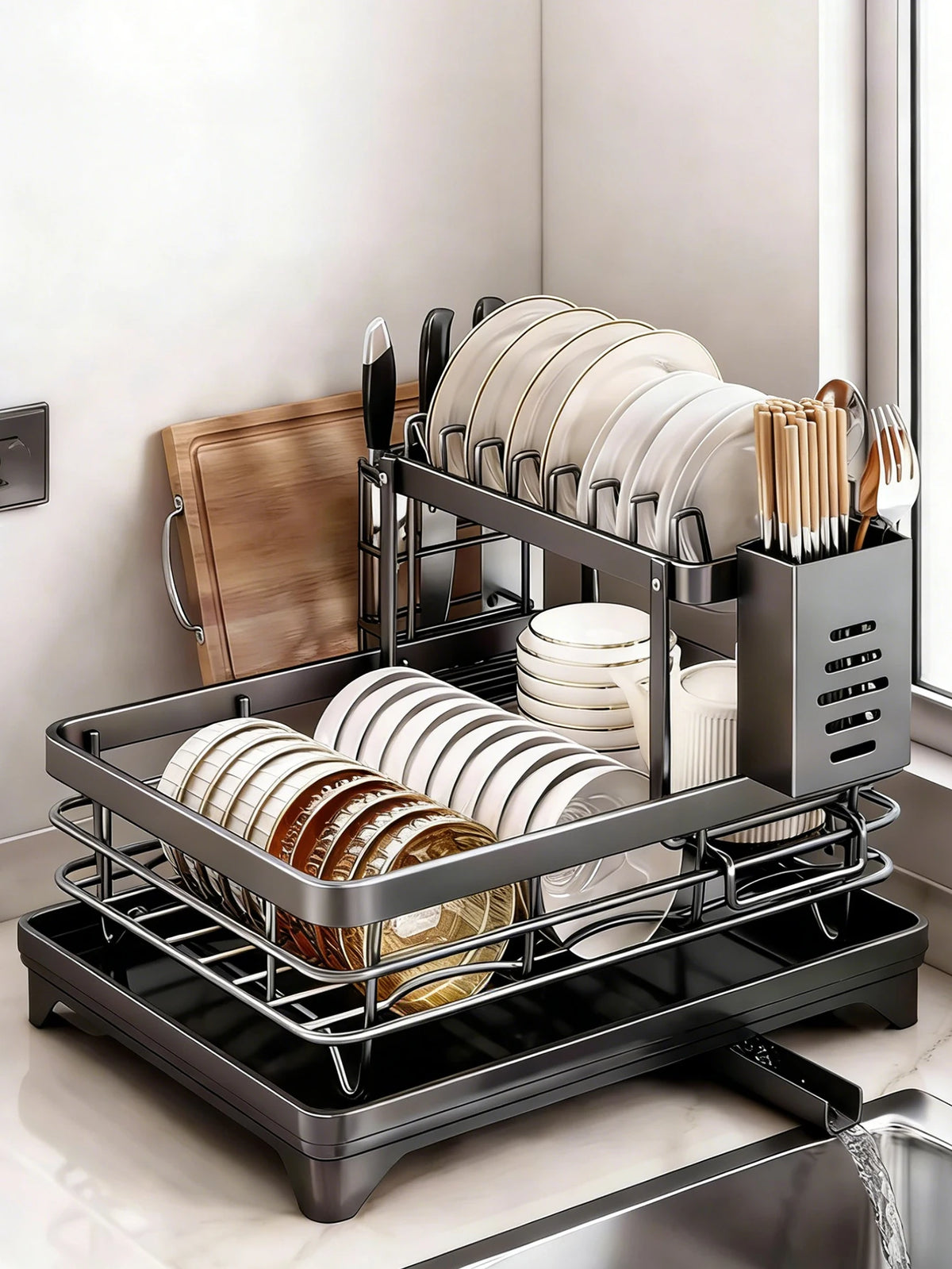 2-Tier Dish Drying Rack with Drain Tray