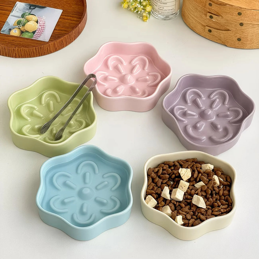 Flower-Shaped Ceramic Slow Feeder Bowl