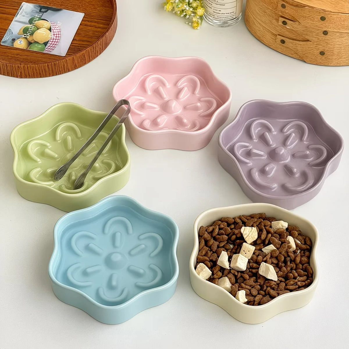 Flower-Shaped Ceramic Slow Feeder Bowl